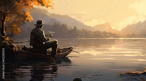 Fisherman patiently waiting for a bite, sitting on a comfortable camp chair along the river's edge. Generated by AI.