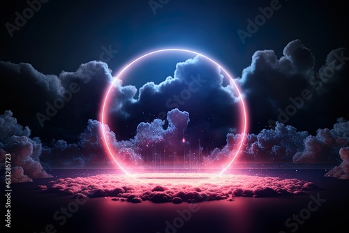 Background illustration of abstract clouds in dark night sky illuminated with neon rings, 3d rendering background illustration of pink clouds in night sky, favorite background illustration for women, 