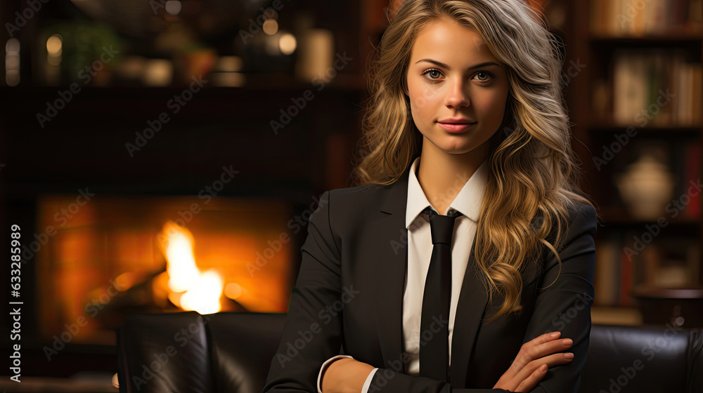 A young woman in a cashmere business suit finds solace in a book-lined room next to a fireplace.