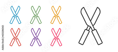 Set line Gardening handmade scissors for trimming icon isolated on white background. Pruning shears with wooden handles. Set icons colorful. Vector