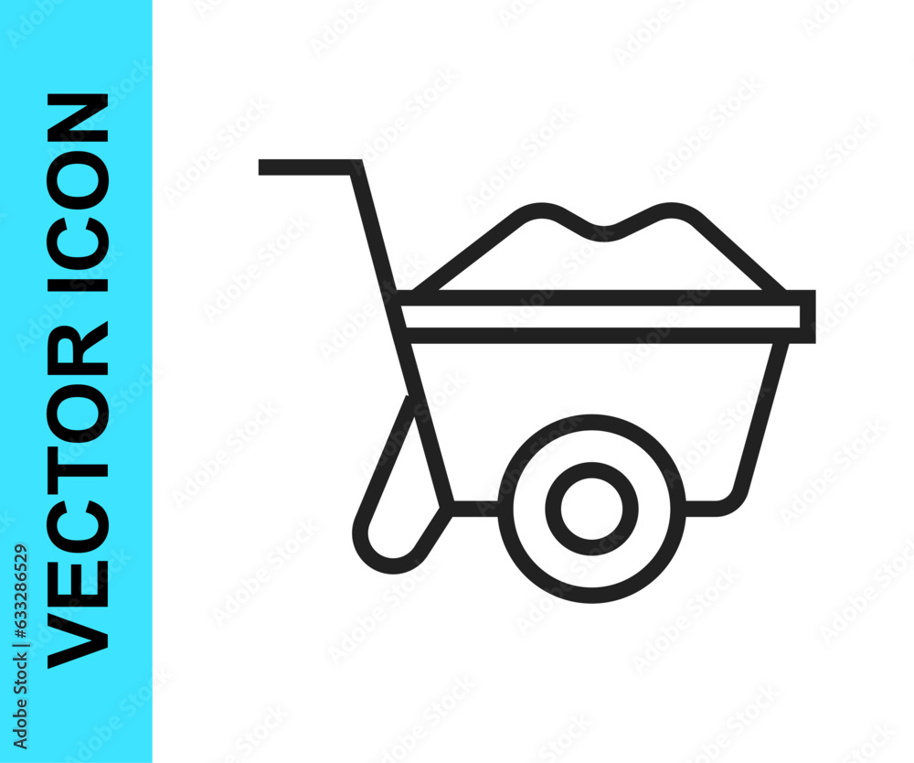 Black line Wheelbarrow icon isolated on white background. Tool equipment. Agriculture cart wheel farm. Vector Black line Wheelbarrow icon isolated on white background. Tool equipment. Agriculture cart wheel farm. Vector