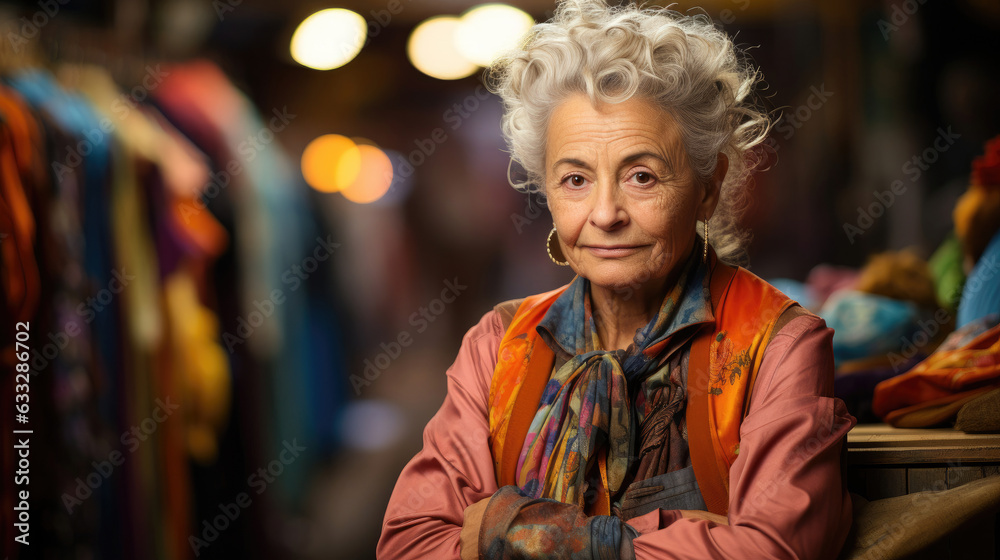 Elderly volunteer in vintage dress stands amidst colorful second-hand items.