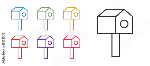 Set line Bird house icon isolated on white background. Nesting box birdhouse, homemade building for birds. Set icons colorful. Vector