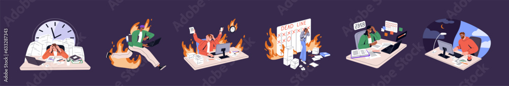 Deadline and overwork concept set. People lose time, work in fire and stress, hurry, tired in office, bad management, project fail and problems in planning. Flat isolated vector illustration on white - obrazy, fototapety, plakaty 