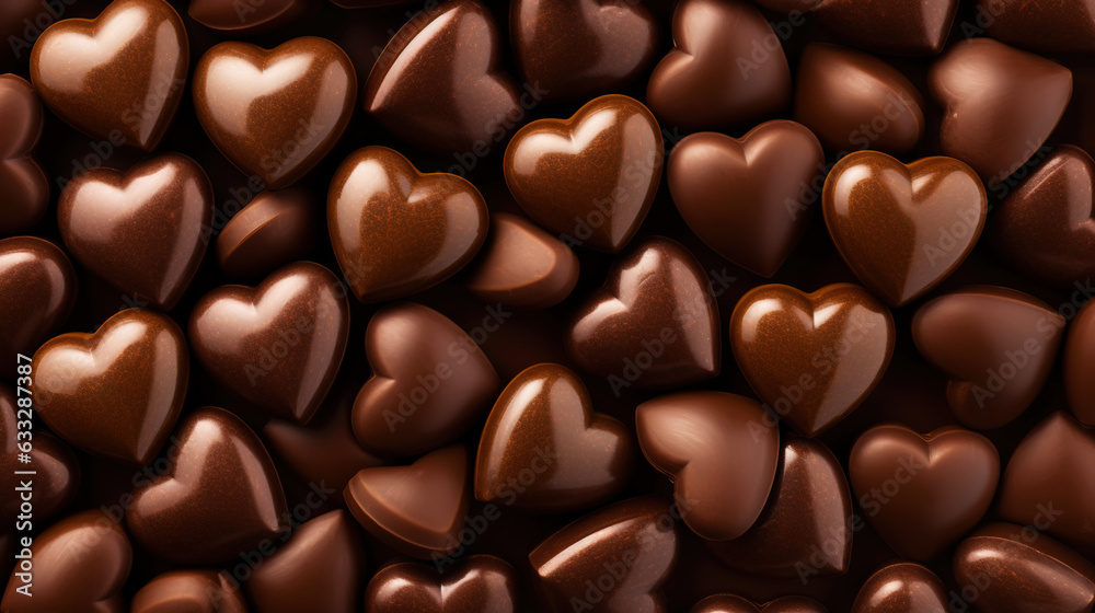 Tasty heart-shaped chocolate candies as background, top view. Valentine's day. Generative AI Tasty heart-shaped chocolate candies as background, top view. Valentine's day. Generative AI