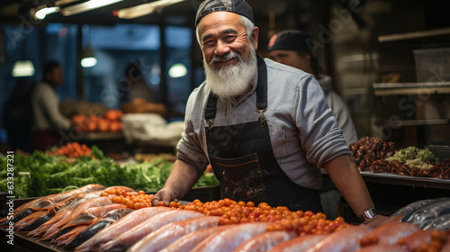 A fishmonger stands proudly in a bustling fish market surrounded by fresh seafood.