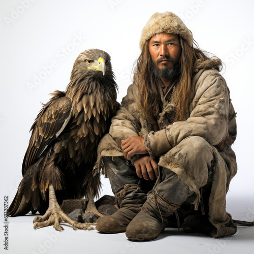 Studio shot of a Kazakh eagle hunter with a golden eagle isolated on a pure white background. © GraphicsRF