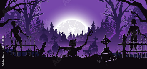 Halloween background with zombie and walking dead, cemetery for holiday poster. Creepy and mystical background with cross, grave, tombstone and skeleton for dark fear october design