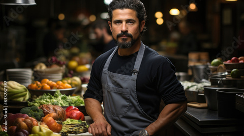A business-casual chef stands in a bustling kitchen, blending culinary action into a flavorful backdrop.