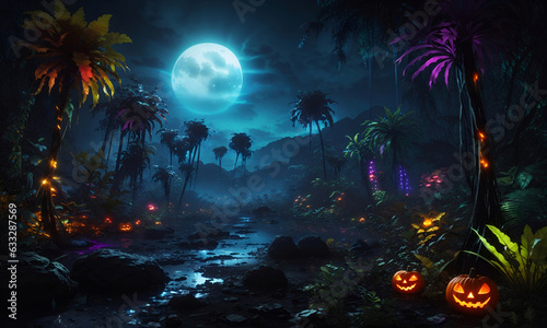 halloween jungle scene with moon