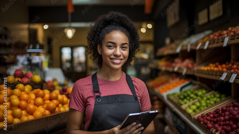 Happy young female store owner at grocery with arms crossed, portrait smiling, supermarket owner using a digital tablet in her shop