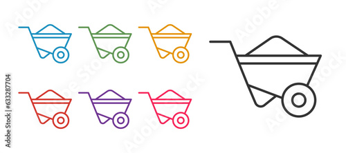 Set line Wheelbarrow icon isolated on white background. Tool equipment. Agriculture cart wheel farm. Set icons colorful. Vector