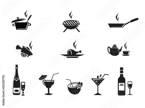 Cookbook recipes, food menu, restaurant, bar, cafe advertising icons set - emblems BBQ gril, hot fish dishes, teapot and cup, frying pan, roasted mea, saucepan, alcohol bottles and glasses, cocktails.