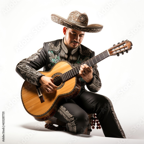 Studio shot of a Mexican Mariachi player with a guitar isolated on a pure white background.