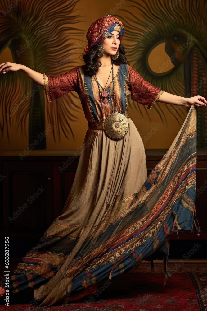 A Middle Eastern woman showcases a unique blend of traditional and 1920s fashion with a cultural twist.