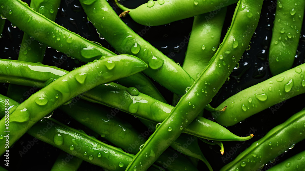 Fresh green beans with water drops background. Vegetables backdrop. Generative AI Fresh green beans with water drops background. Vegetables backdrop. Generative AI