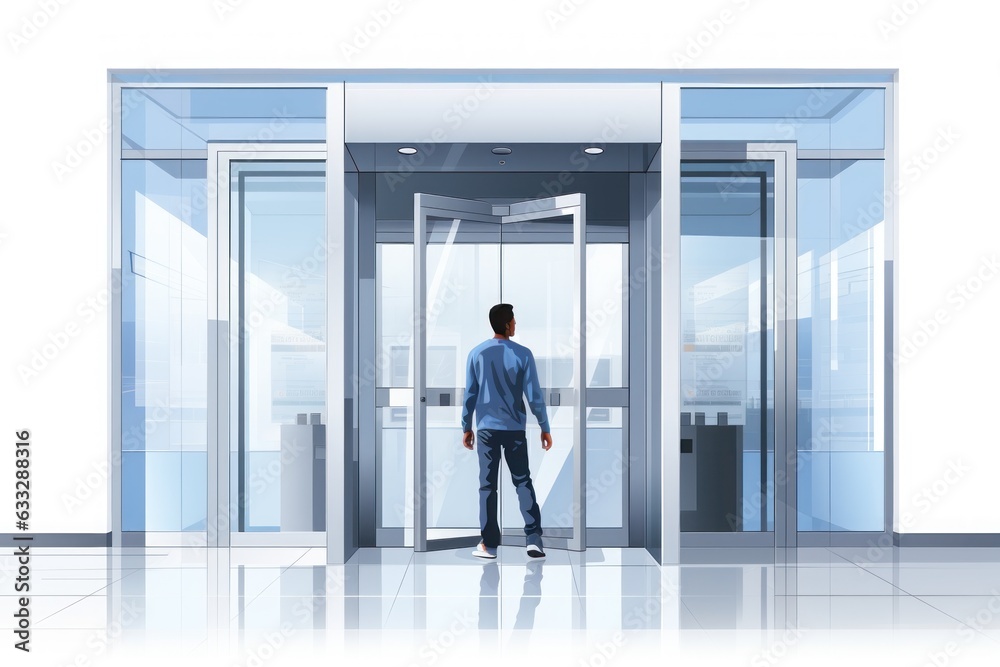 Businessman walking through the doorway, an open door filled with sunlight, enter the positive world. Generative AI.