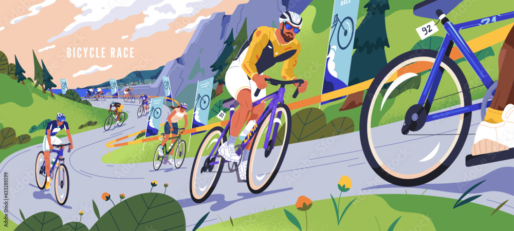Obraz premium Bicycle race, Tour de France. Cyclists cycling on road bikes. People racers riding at fast speed at sport competition rally. Many bicyclists driving on highway track outdoors. Flat vector illustration