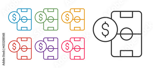 Set line Soccer football betting money icon isolated on white background. Football bet bookmaker. Soccer betting online make money. Set icons colorful. Vector