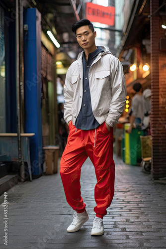 A slender East Asian man with slicked-back hair strikes a casual pose in a bright windbreaker, baggy parachute pants, and white sneakers.