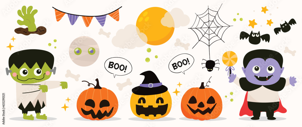 Obraz premium Happy Halloween day element background vector. Cute collection of spooky pumpkin, bat, candy, cat, skull, grave, zombie, lollipop. Adorable halloween festival elements for decoration, prints.
