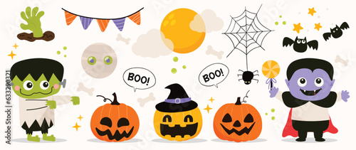 Happy Halloween day element background vector. Cute collection of spooky pumpkin, bat, candy, cat, skull, grave, zombie, lollipop. Adorable halloween festival elements for decoration, prints.