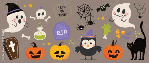 Happy Halloween day element background vector. Cute collection of spooky ghost, pumpkin, bat, candy, cat, coffin, grave, owl, lollipop. Adorable halloween festival elements for decoration, prints.