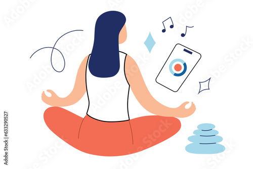 Girl meditating with mobile app, meditation hand drawn composition, woman in lotus pose, relaxing music, mental health concept, psychological exercise vector illustration, online therapy application