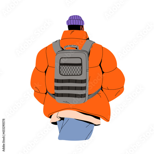 Tourist in oversize walking in city, black person in bright hat, jacket. People with backpack. Man in casual urban style outfit in trip back view. Flat isolated vector illustration on white background