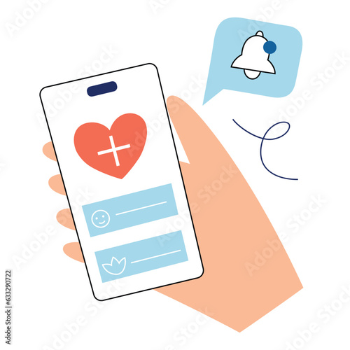 Self tracking app for mental health, digital psychological support, hand drawn composition with hand holding mobile phone, psychology help doodle icon, vector illustration on white background