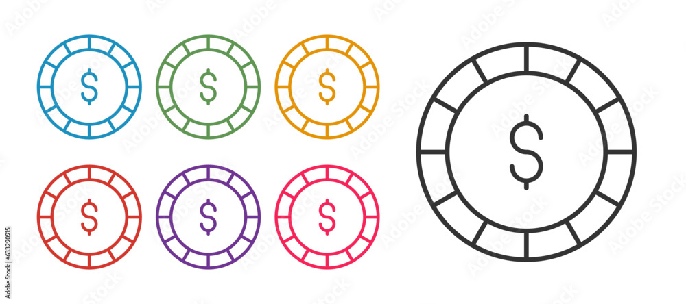 Set line Casino chip with dollar symbol icon isolated on white background. Casino gambling. Set icons colorful. Vector