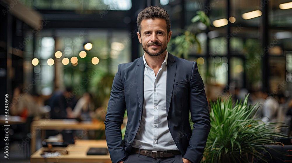A man in a casual blazer and jeans stands within a vibrant office space of a modern tech startup. A man in a casual blazer and jeans stands within a vibrant office space of a modern tech startup.