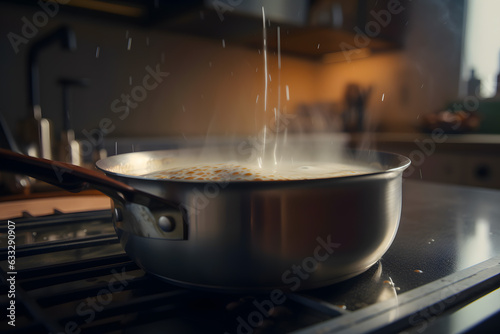 Metal saucepan on the stove boils with steam, milk soup porridge. Generative AI. © aapsky