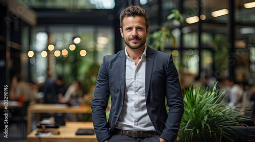 A man in a casual blazer and jeans stands within a vibrant office space of a modern tech startup.