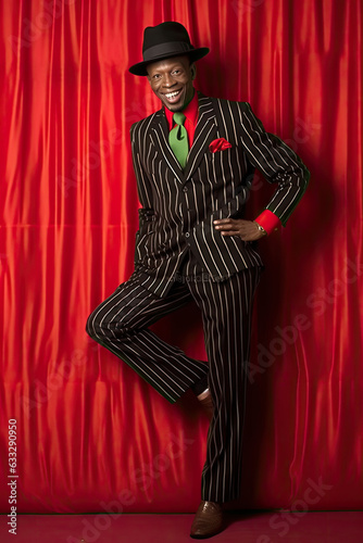 Confident African man in a stylish zoot suit and fedora, striking a relaxed pose with a bright white smile. photo