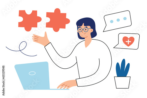 Psychologist gives online consultation, internet therapy hand drawn composition, woman therapist works on laptop, gives advice, vector illustration digital mental health support, colored clipart