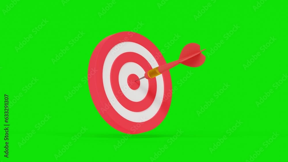 Dart hit the center of target on green screen. Business target achievement concept. 3d animation Dart hit the center of target on green screen. Business target achievement concept. 3d animation