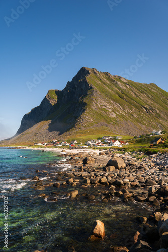 Coastal village of Vikten in Lofoten, Norway, on a clear and sunny day photo