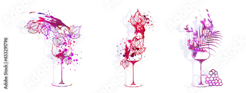 Wine Designs - Collection of wine glasses. Hand drawn elements for invitation cards, advertising banners, menus. Wine glasses with splashing wine. Sketch vector illustration