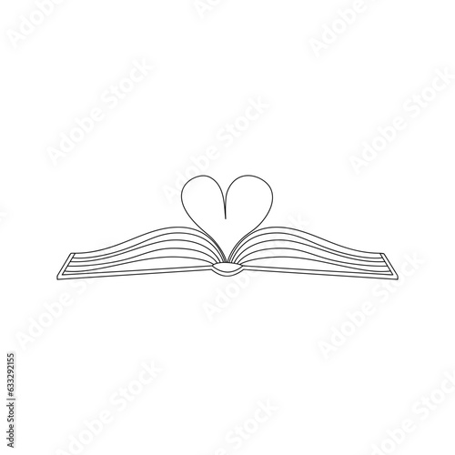 Outline doodle open book with pages folded in shape of heart. Symbol of knowledge, learning, reading, literature. A concept for book lovers. Hand drawn black white isolated vector illustration.