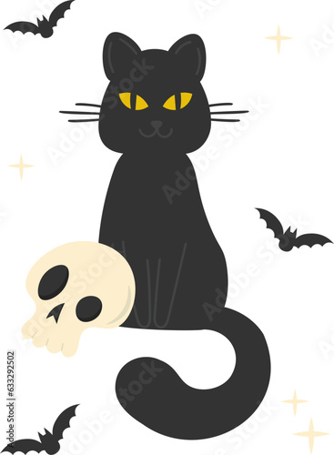 Halloween illustration. Black cat, skull and bats. Vector image in flat style
