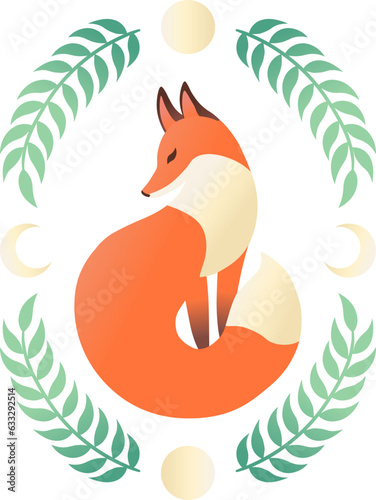 Illustration of a fox in a frame of branches with leaves and a moon