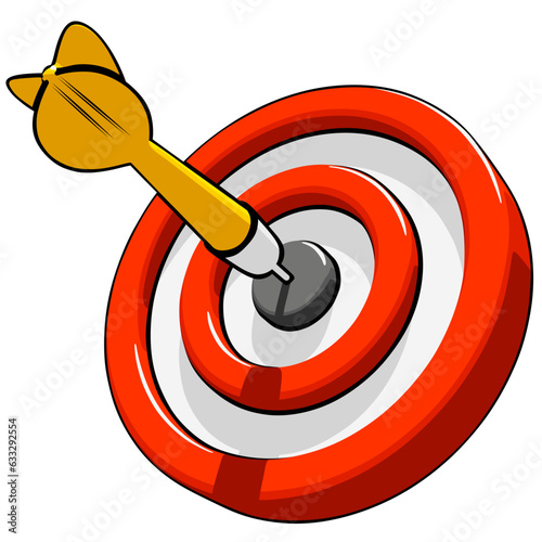 Yellow dart hit the center of the target, three-quarter view. Concept of business goal, successful business strategy or marketing. Simple 3D vector illustration on white background