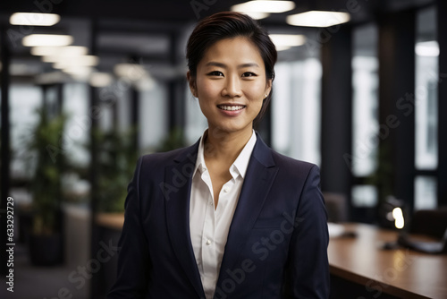 Asian businesswoman smiling in a suit. Standing in company office. 