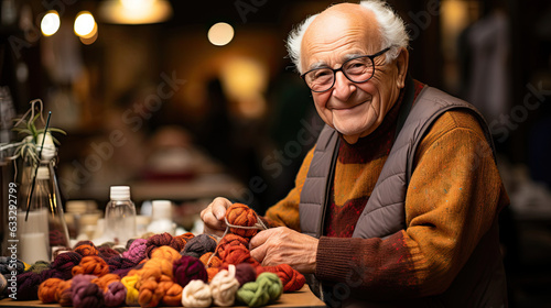 An elderly knitter proudly stands at a cozy knitting club surrounded by fellow knitters and knitting supplies, creating a warm and creative atmosphere. photo