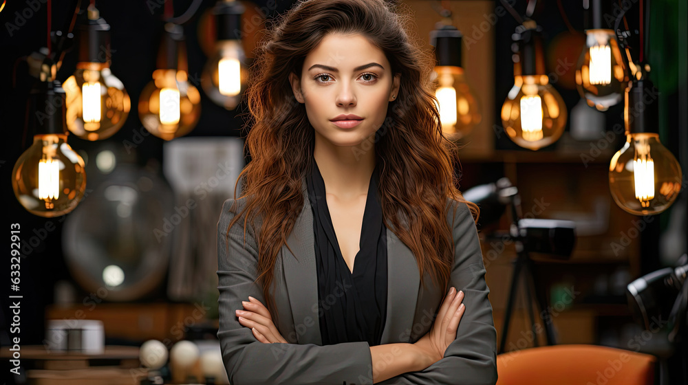 A young woman in a trendy business outfit stands with crossed arms in a photography studio, the lights and equipment merging into a creative blur.