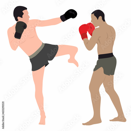 Martial arts competitive characters fighting, kick boxing and training, muscular athletes in fight stance combat. Muay thai, wrestling, jujitsu, taekwondo and boxing. Vector illustration