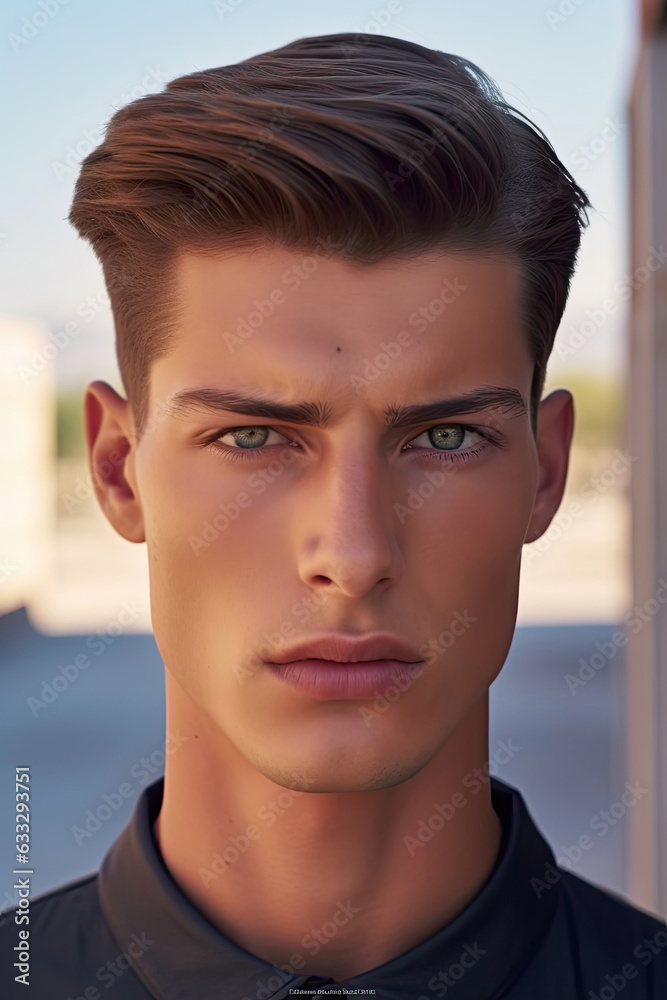 A captivating close-up of a clean-shaven Caucasian man with a slicked-back hairstyle from the '60s, exuding retro coolness with his piercing eyes. A captivating close-up of a clean-shaven Caucasian man with a slicked-back hairstyle from the '60s, exuding retro coolness with his piercing eyes.
