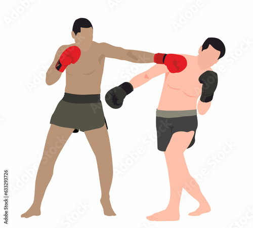 Martial arts competitive characters fighting, kick boxing and training, muscular athletes in fight stance combat. Muay thai, wrestling, jujitsu, taekwondo and boxing. Vector illustration