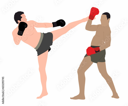 Martial arts competitive characters fighting, kick boxing and training, muscular athletes in fight stance combat. Muay thai, wrestling, jujitsu, taekwondo and boxing. Vector illustration
